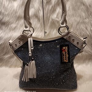 BLUE AND WHITE TALL RHINESTONE TASSEL ACCENTED BAG